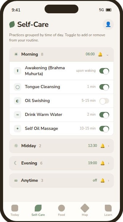 Self-care library showing a list of daily practices with categories and time-of-day labels.