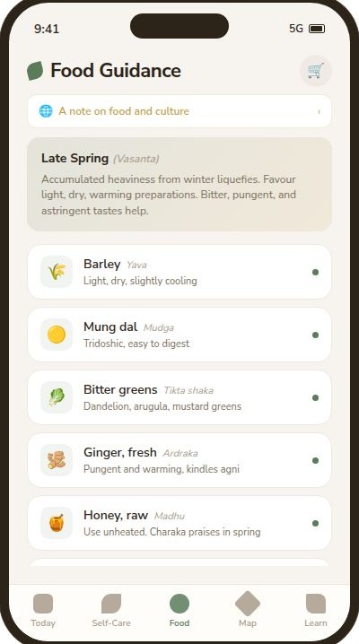Food guidance screen showing the current season header and a list of seasonal foods with simple notes.
