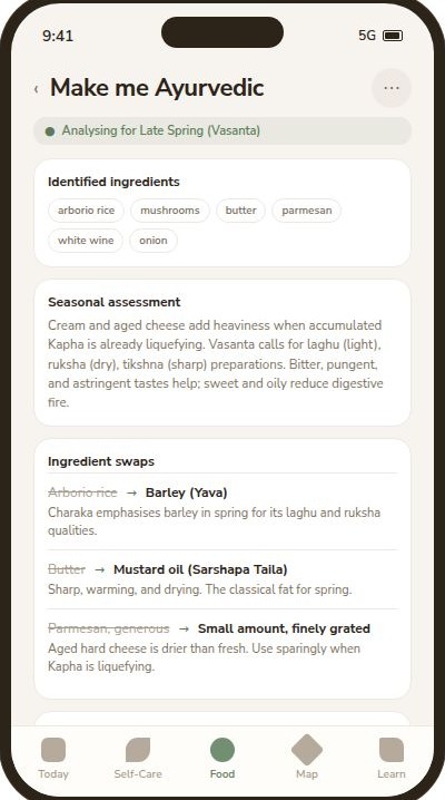 Meal analyzer result showing a photographed meal with seasonal compatibility notes.