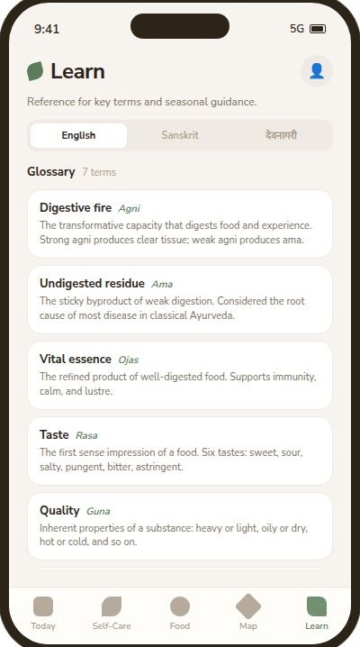 Learn screen showing a list of beginner-friendly topics about seasons, foods, and routines.