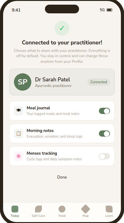 Sharing settings screen showing toggles for what a connected practitioner can see, with the user firmly in control.