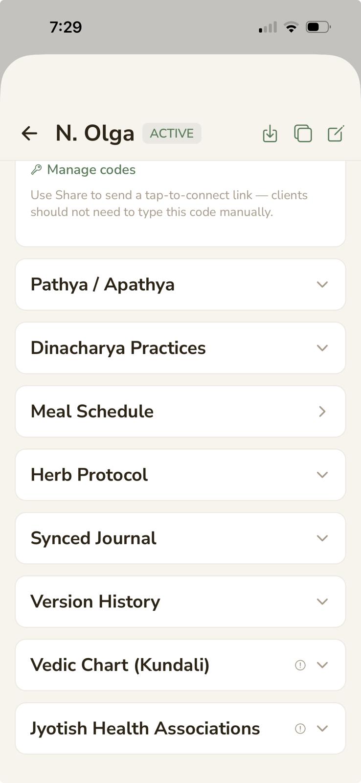 Client profile for N. Olga showing sections for Pathya and Apathya, Dinacharya Practices, Meal Schedule, Herb Protocol, Synced Journal, Version History, Vedic Chart, and Jyotish Health Associations.